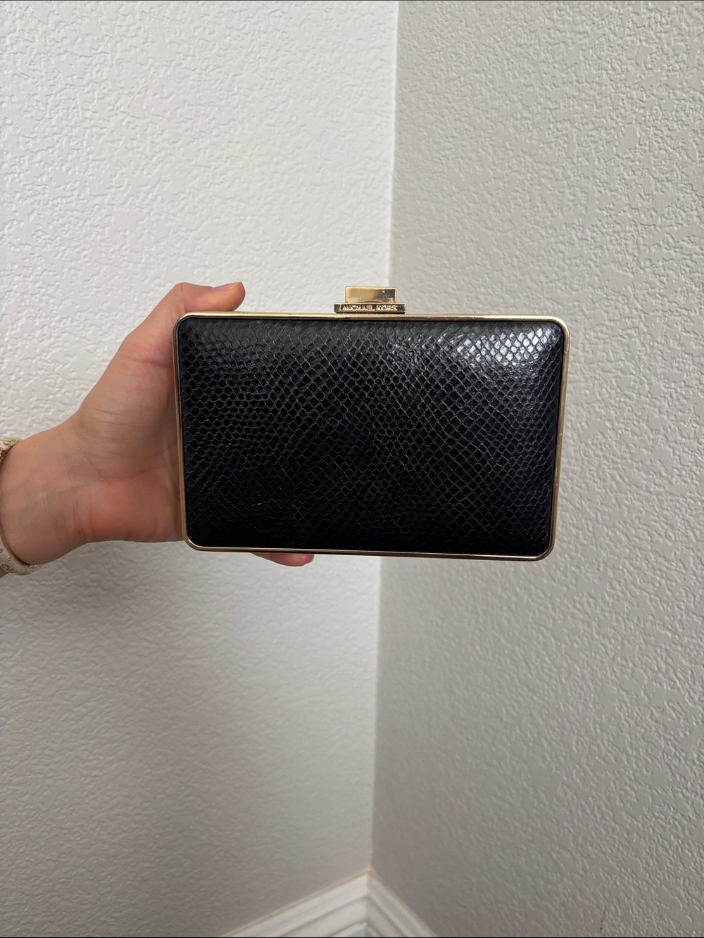 Michael Kors Black Textured Box Clutch with Gold Frame